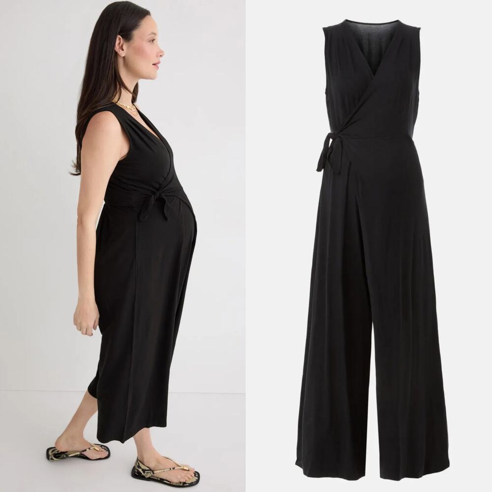 NOM Maternity Francesca Jumpsuit Sleeveless Wrap Relaxed Wide Leg Crop Black S